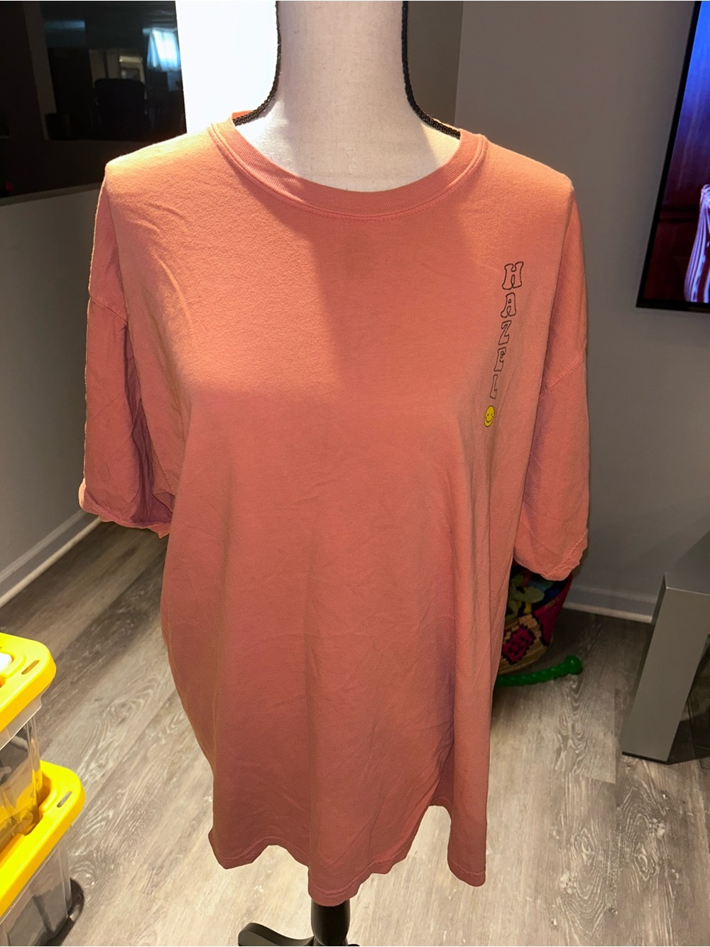 hazel Coral Pink Graphic Tee with Smiley Detail